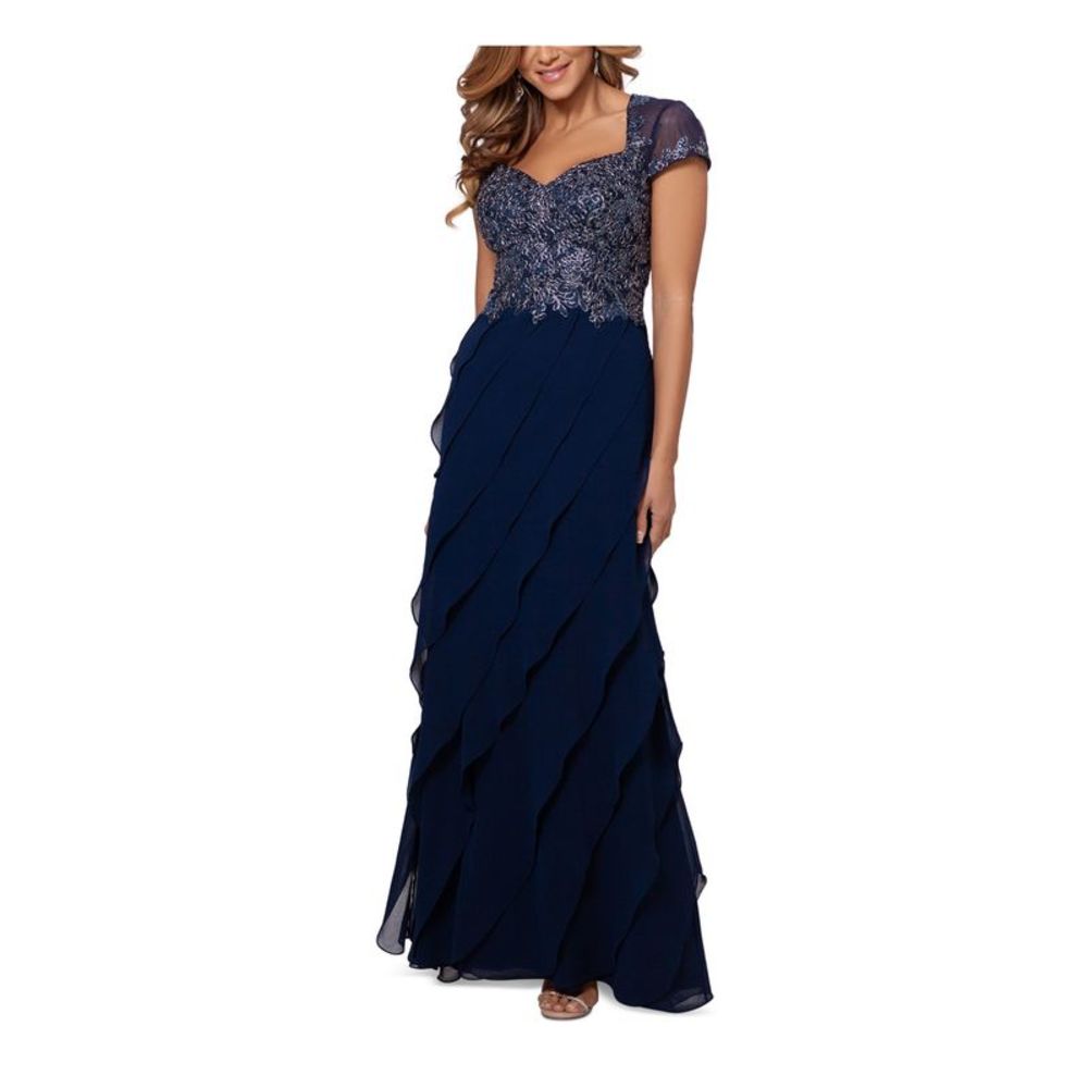 XSCAPE Womens Navy Bias Skirt Cap Sleeve Full-Length Evening Sheath Dress 4